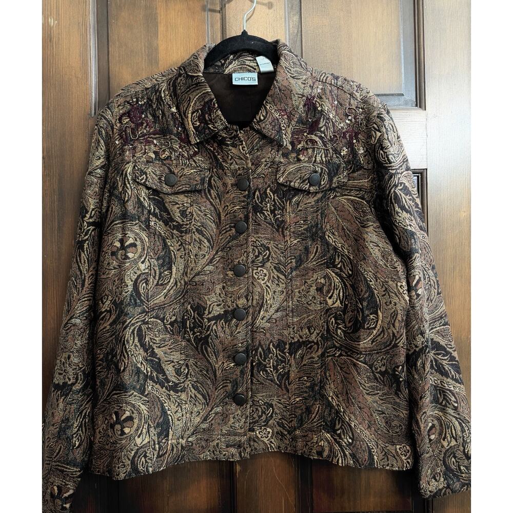 Chico’s | Wool Blend Jacket Blazer Chocolate Brown Gold Paisley Jacquard-Size XL